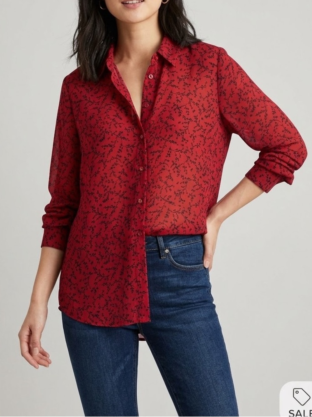 Vince Red Long-Sleeve Printed Ruffle-Neck Top